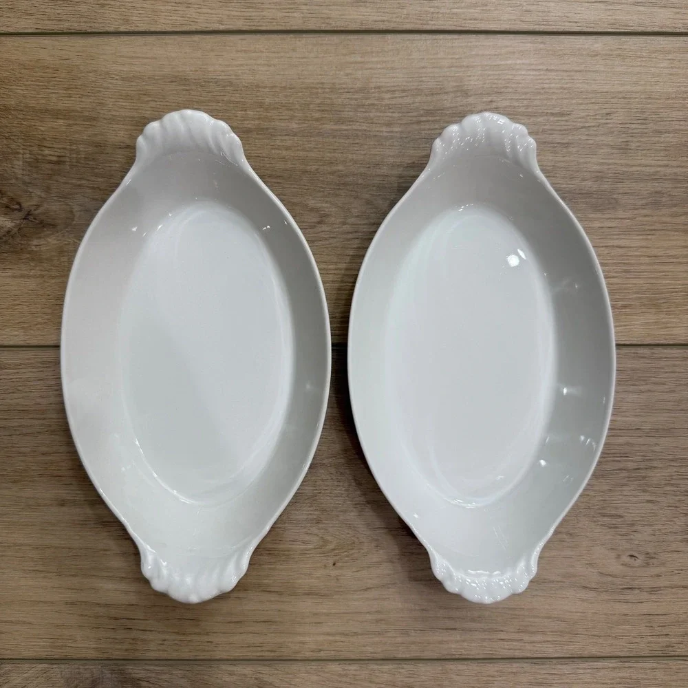 Pillivuyt France White Porcelain Au Gratin Oval Eared Bakers 12 oz Set 2
